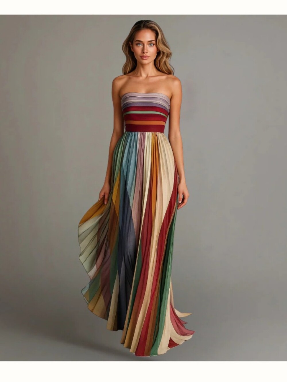 Striped Multicolor Strapless Maxi Dress - Women's